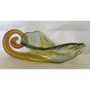 Vintage Hand Blown Art Glass Cornucopia Green Multicolor